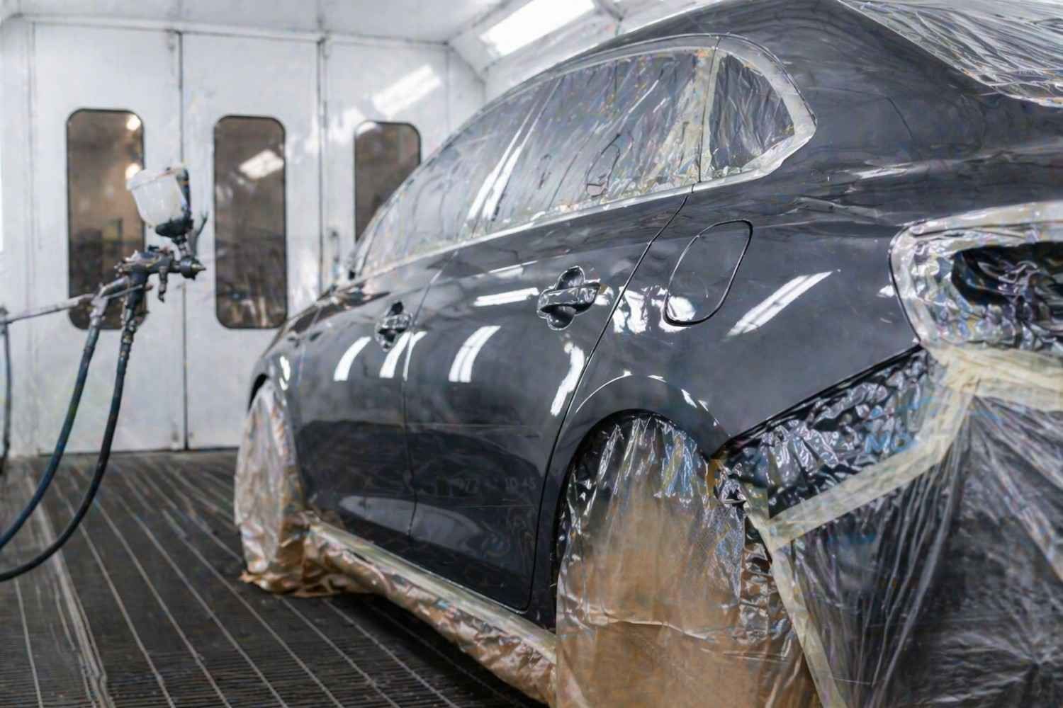 Un sedán oscuro está siendo pintado con aerosol en una cabina de carrocería, cubierto con plástico protector.