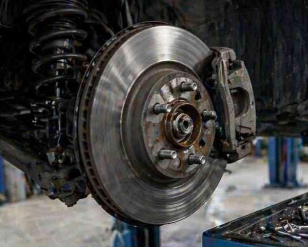 Primer plano de un disco de freno y una pinza de freno de coche montados en un conjunto de suspensión en un garaje.