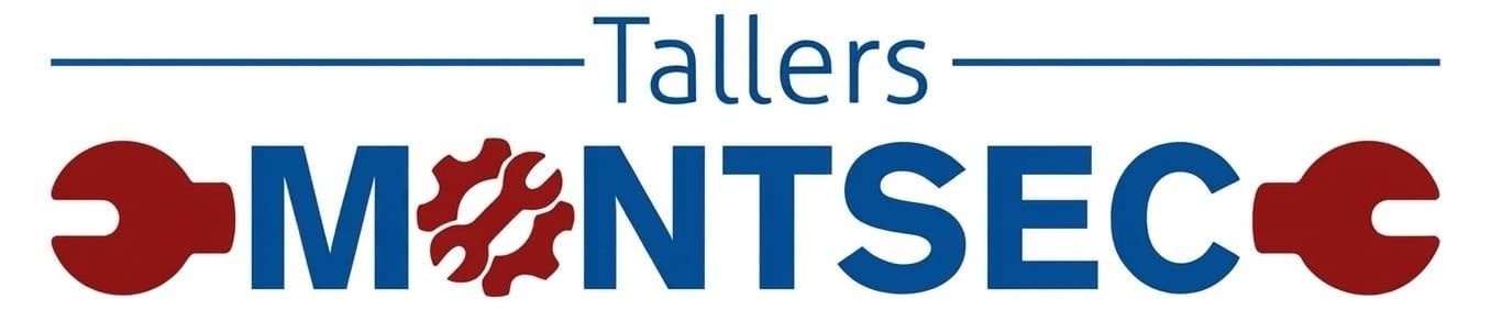 Logotipo de Tallers MONTSIEC en azul y rojo con iconos de herramientas estilizados en rojo sobre fondo blanco.