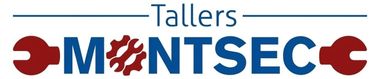 Logotipo de Tallers MONTSIEC en azul y rojo con iconos de herramientas estilizados en rojo sobre fondo blanco.