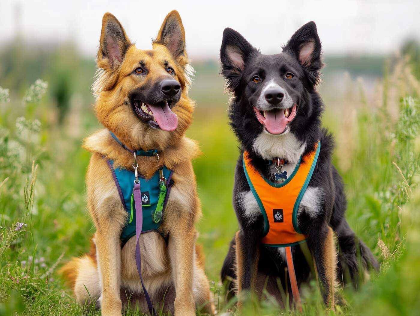 Zwei Hunde sitzen nebeneinander auf einem Feld.