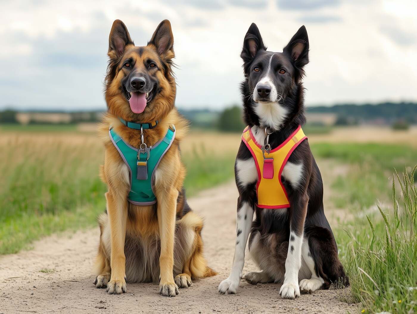 Zwei Hunde sitzen nebeneinander auf einem Feldweg.