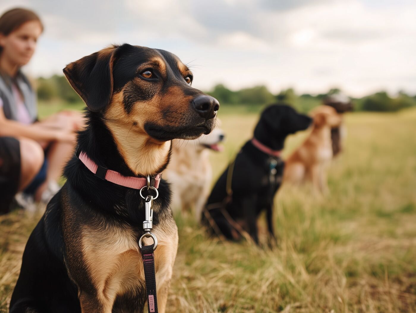 Eine Gruppe Hunde sitzt auf einem Feld, im Hintergrund sitzt eine Frau.