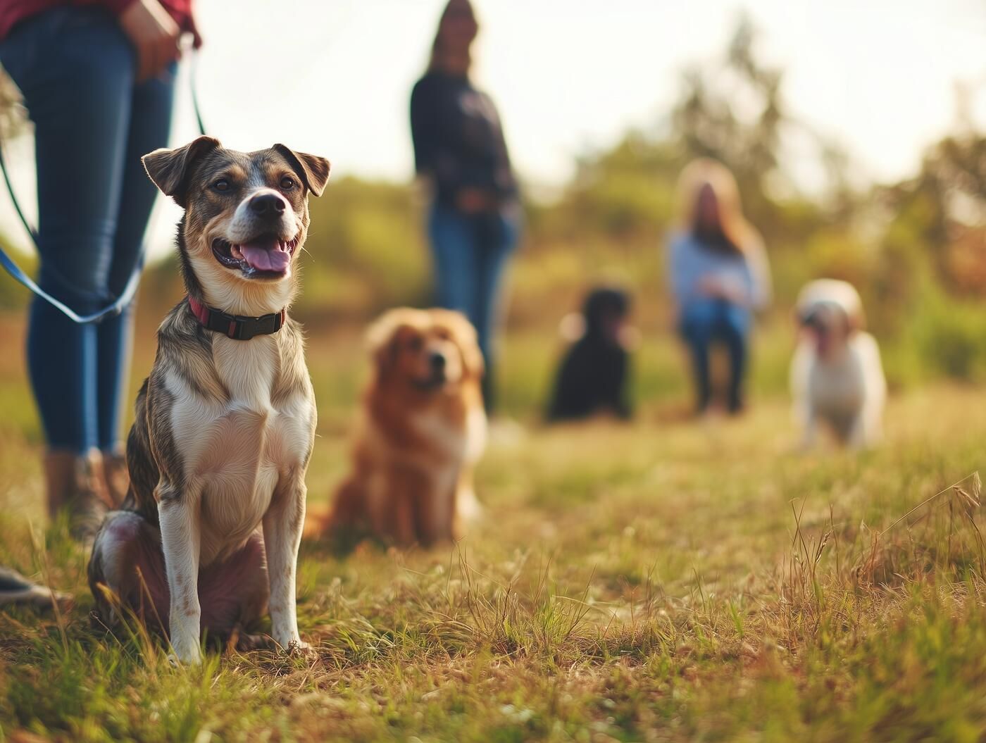 Eine Frau geht mit einer Gruppe Hunde auf einem Feld spazieren.