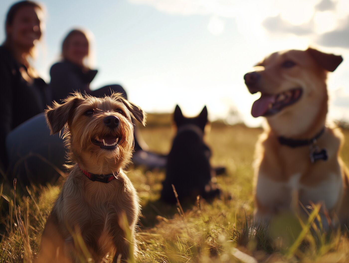 Eine Gruppe Hunde sitzt mit ihren Besitzern auf einem Feld.