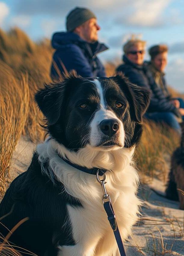 Ein schwarz-weißer Hund sitzt auf einer Sanddüne.