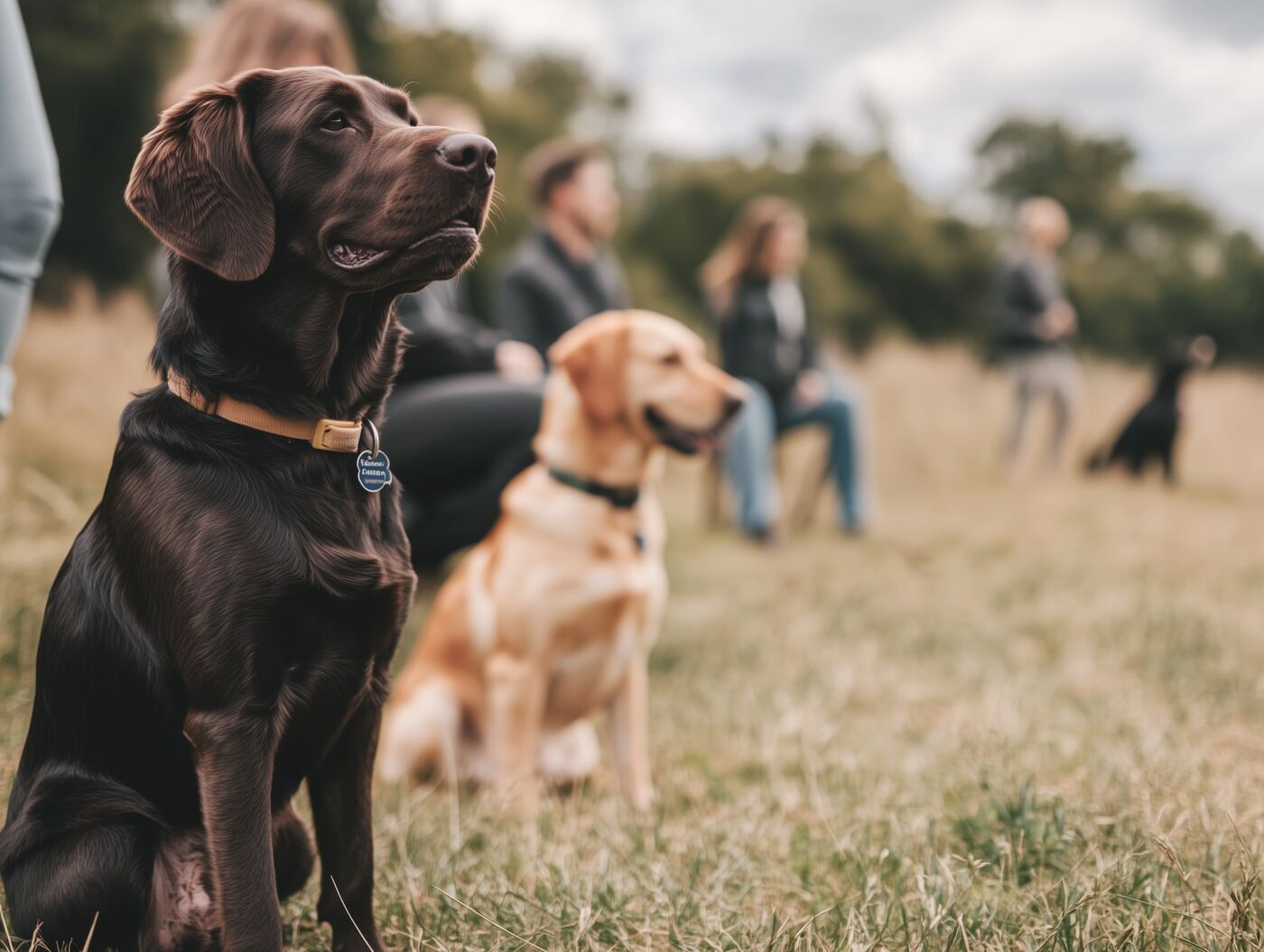 Eine Gruppe Hunde sitzt auf einer üppigen grünen Wiese.