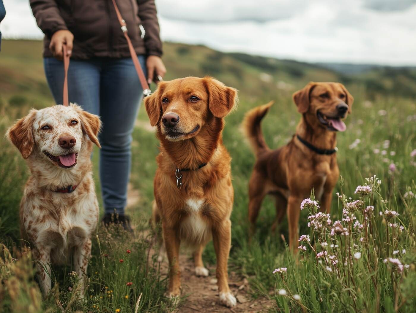 Eine Frau geht mit drei Hunden an der Leine auf einem Feld spazieren.
