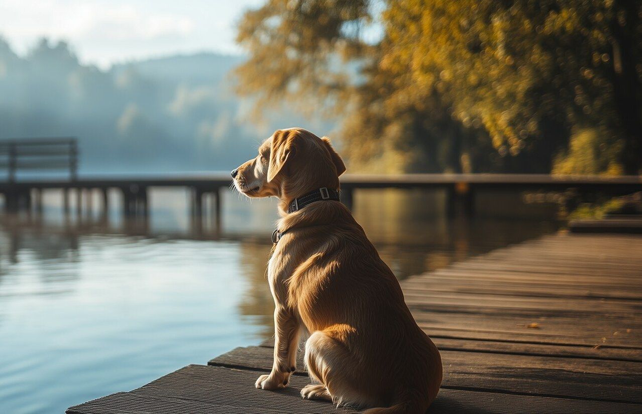 Ein Hund sitzt auf einem Steg und schaut aufs Wasser.