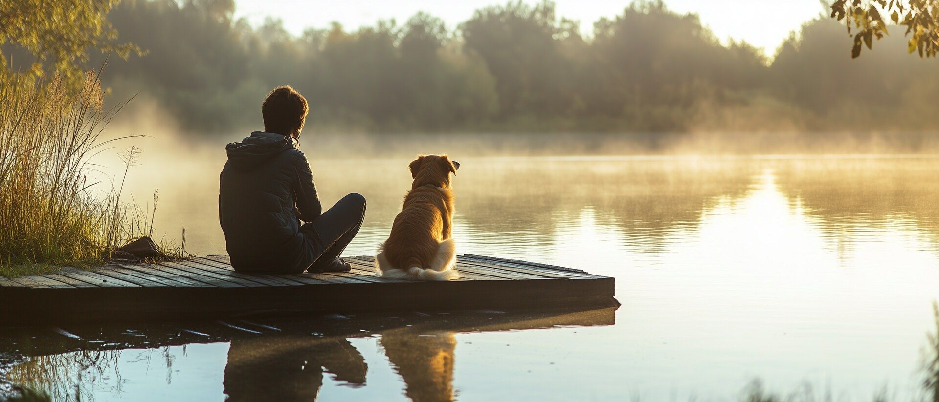 Ein Mann und ein Hund sitzen auf einem Steg mit Blick auf einen See.