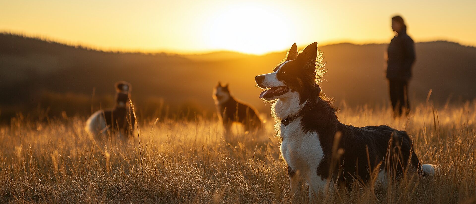 Eine Gruppe Hunde steht bei Sonnenuntergang auf einem Feld.