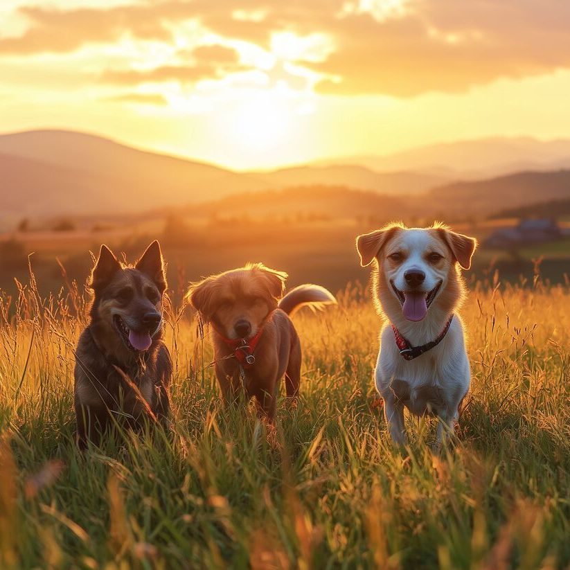 Eine Gruppe von Menschen sitzt mit ihren Hunden an einem Strand.
