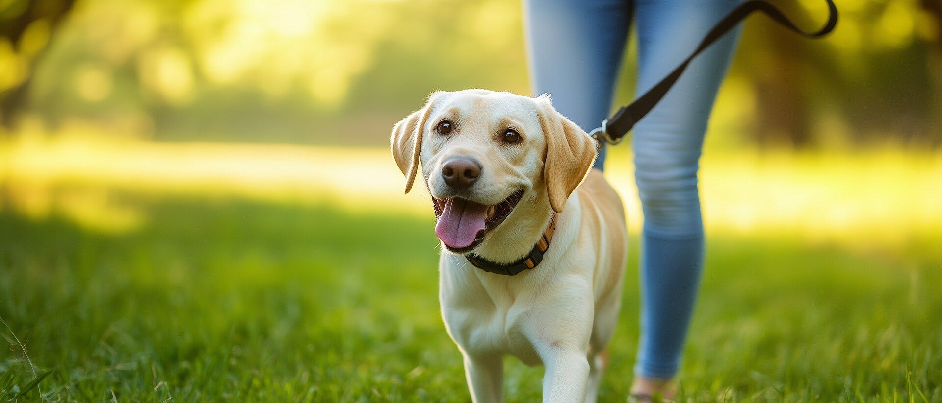 Eine Frau geht mit einem angeleinten Hund in einem Park spazieren.