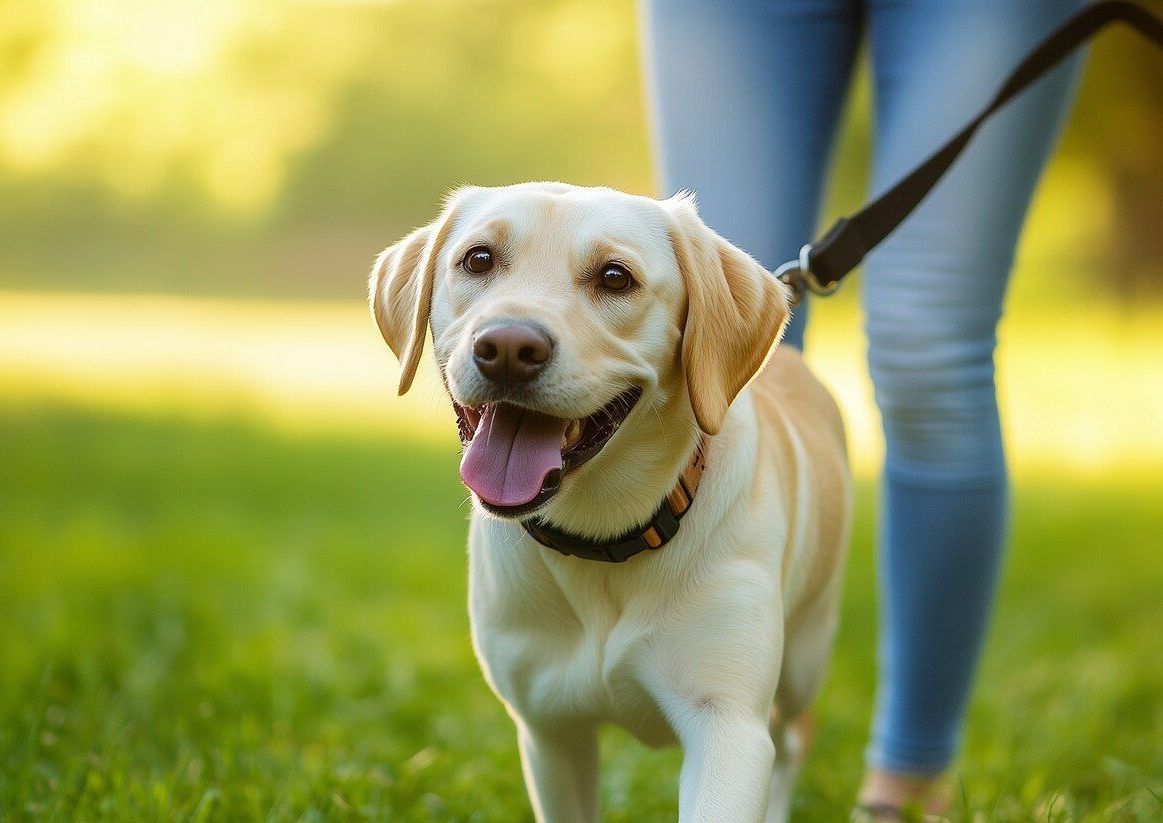 Eine Frau geht mit einem angeleinten Hund in einem Park spazieren.