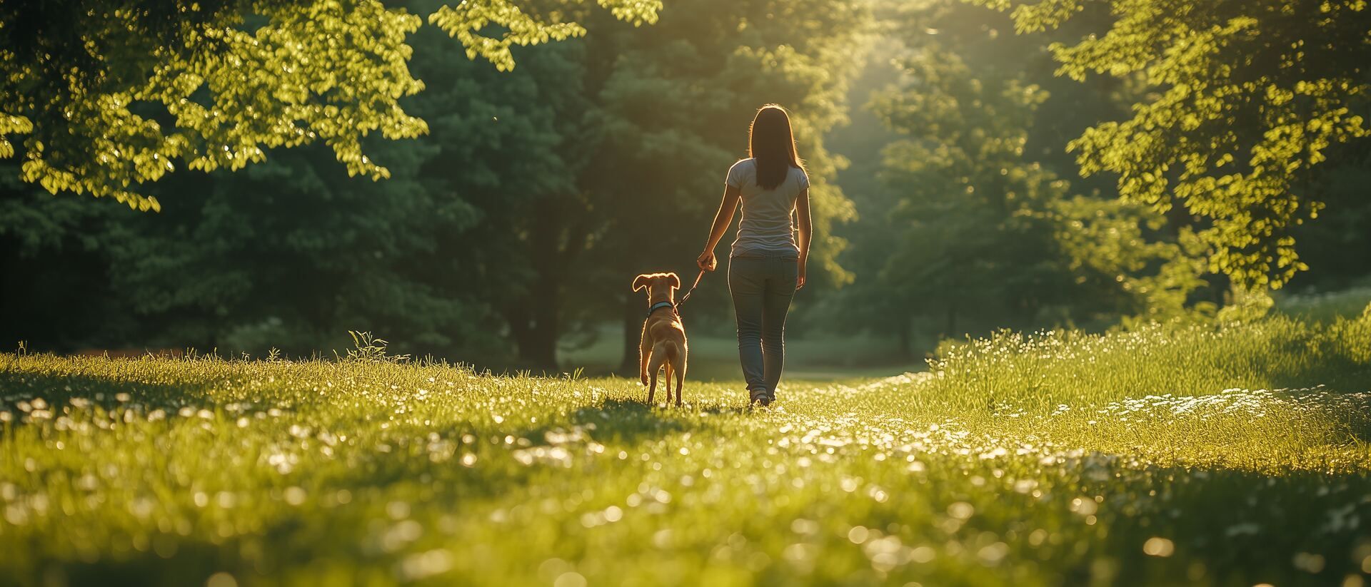 Eine Frau geht mit ihrem Hund in einem Park spazieren.