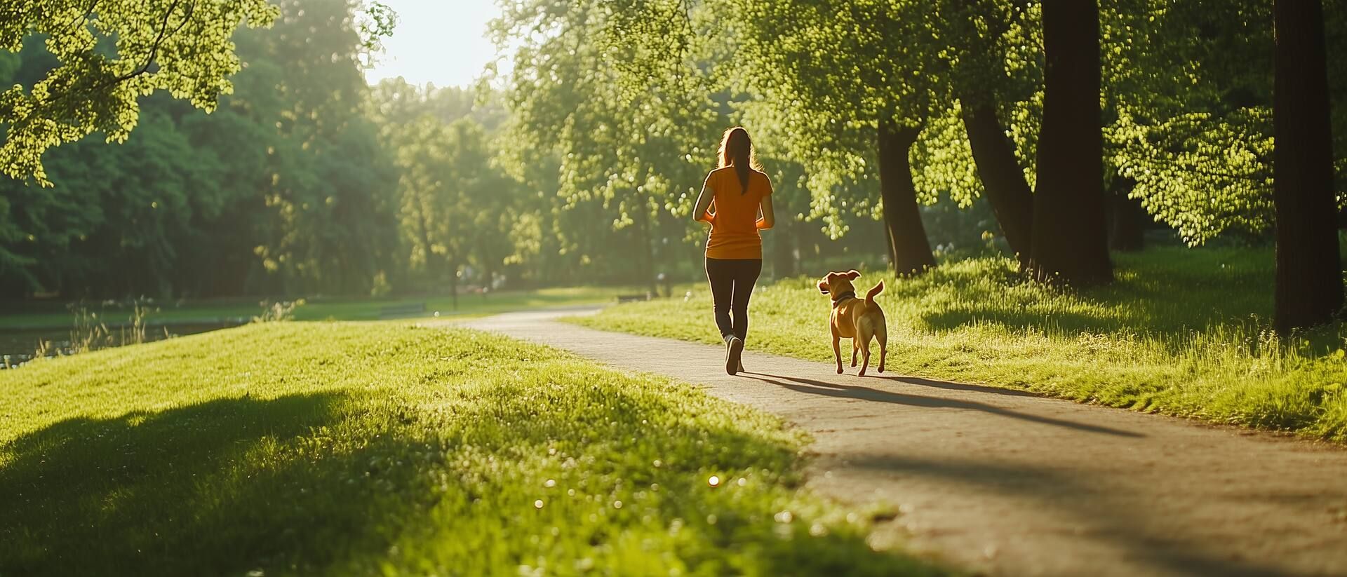 Eine Frau läuft mit ihrem Hund in einem Park.
