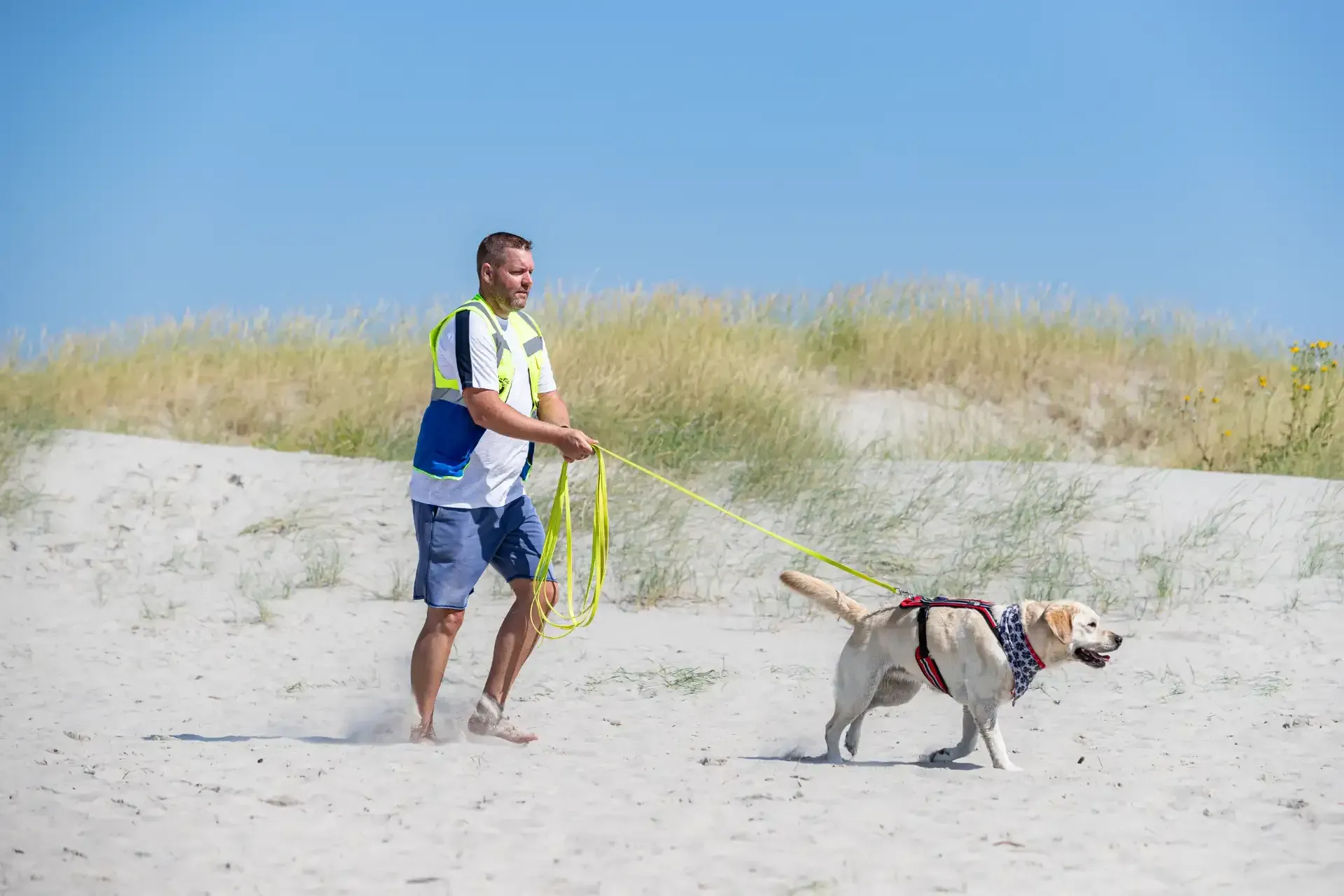 Ein Mann geht mit einem angeleinten Hund am Strand spazieren.