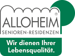ALLOHEIM Senioren-Residenzen logo with green circle and slogan “Wir dienen Ihrer Lebensqualität.”