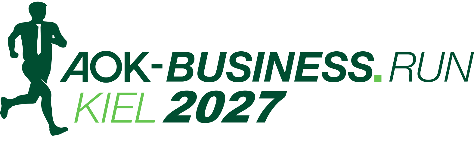 Grünes Läuferlogo mit dem Text „AOK-BUSINESS.RUN KIEL 2027“ auf weißem Hintergrund