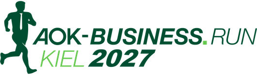 Grünes Läuferlogo mit dem Text „AOK-BUSINESS.RUN KIEL 2027“ auf weißem Hintergrund