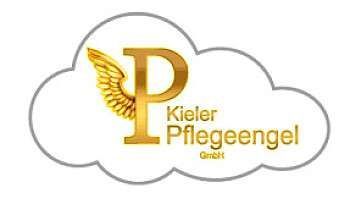 Logo für Kieler Pflegeengel GmbH: goldener Buchstabe P mit Flügel innerhalb einer grauen Wolkenkontur.