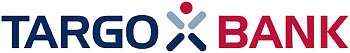 Targo Bank-Logo mit blauem und rotem Text und abstraktem Symbol