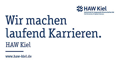 HAW Kiel ad with blue text: “Wir machen laufend Karrieren.” and website www.haw-kiel.de