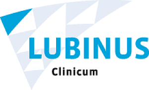 Lubinus Clinicum-Logo in Blau und Schwarz mit abstraktem geometrischem Dreiecksdesign