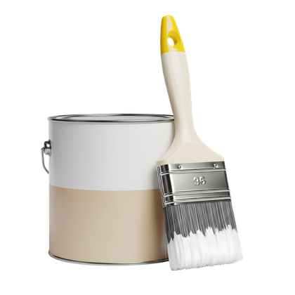 Un pot de peinture beige et un pinceau.