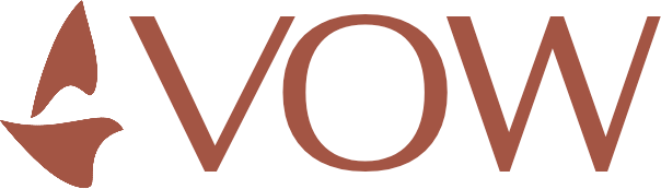 VOW logo in rust red with a stylized leaf icon