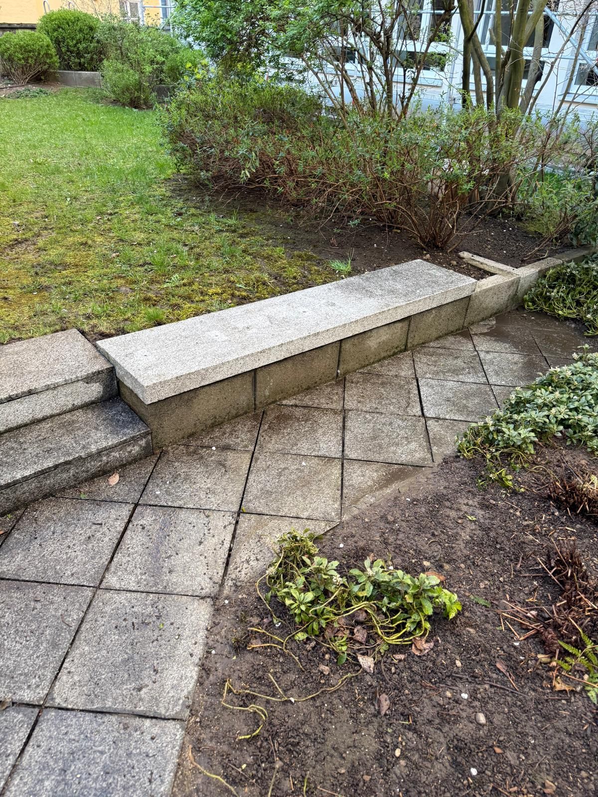 Gepflegte Gartenanlage mit niedrigen Hecken und Steinkante.