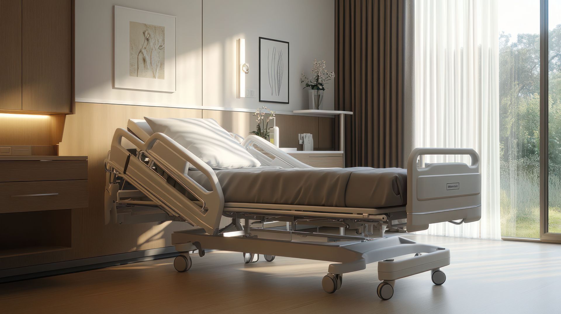 Lit médical équipé de roulettes et barrières de sécurité.