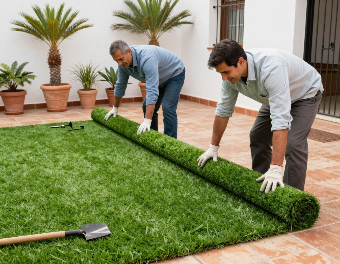 Dos trabajadores extendiendo césped verde recién colocado en un jardín interior