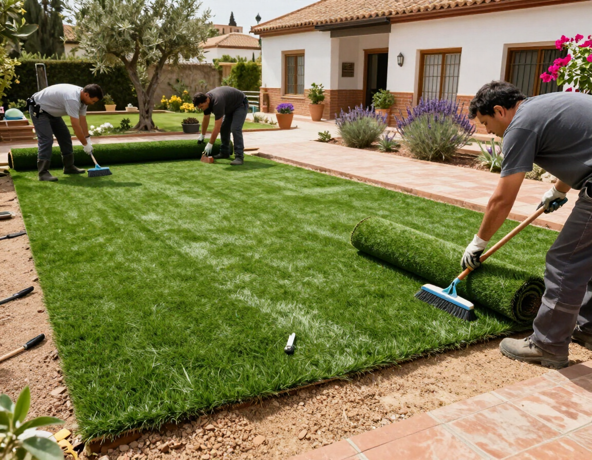 Trabajadores colocando césped en un jardín verde junto a una casa con techo de tejas y parterres