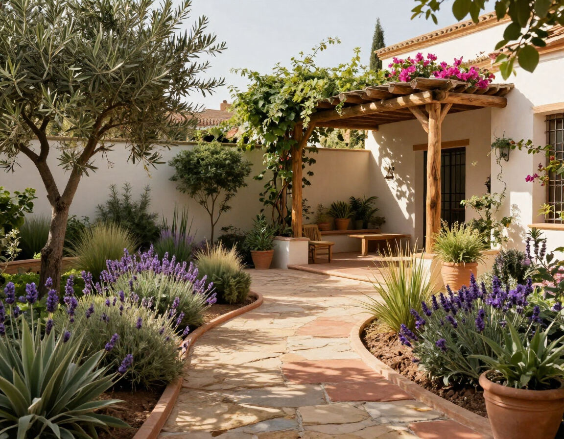 Sendero soleado de jardín mediterráneo con lavanda, olivos y una pérgola cubierta de enredaderas