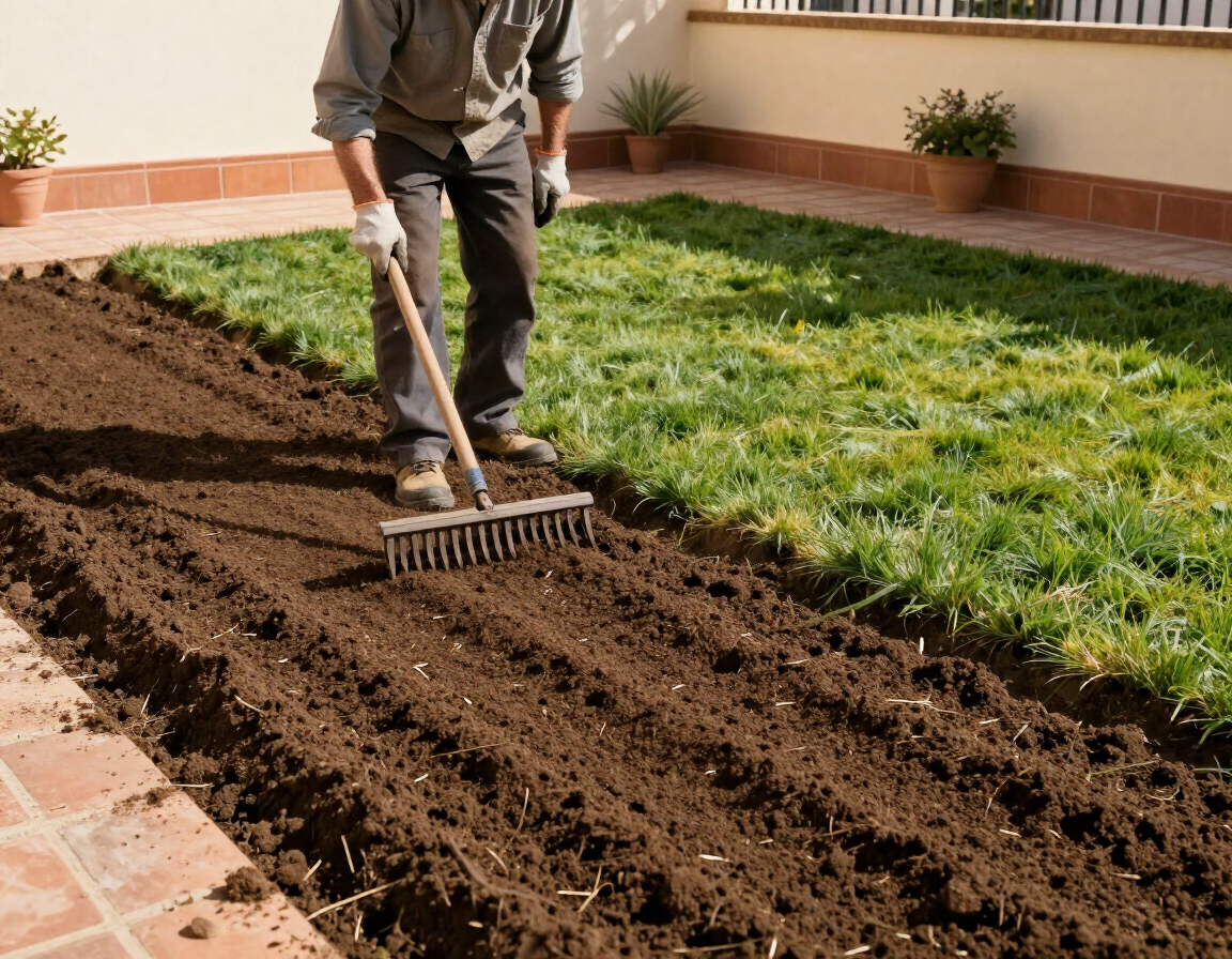Una persona rastrilla la tierra en un parterre junto a un césped y un borde de ladrillo