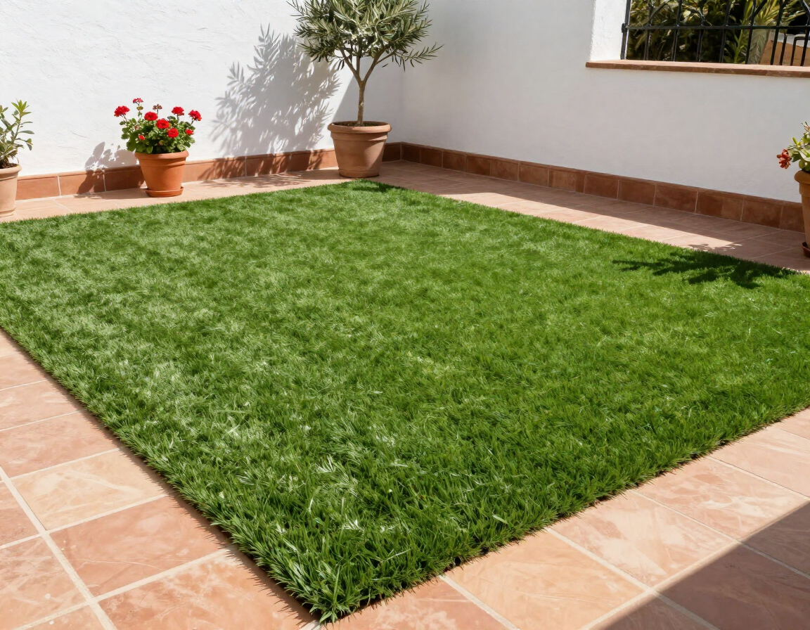 Patio pequeño con una parcela cuadrada de césped verde y frondoso, baldosas de terracota, plantas en macetas y una pared blanca