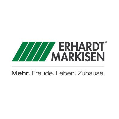 The logo for erhardt markisen is green and black and says mehr , freude , leben , zuhause.