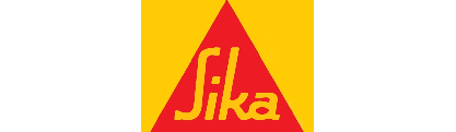 El logotipo de Sika es un triángulo rojo y amarillo sobre un fondo amarillo.