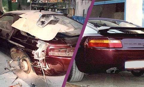 Auto vor und nach der Unfallinstandsetzung durch die Autolackiererei H. Rissewyck