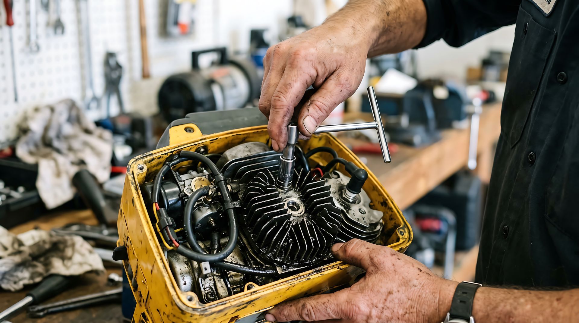 Des mains réparent le moteur d’une tronçonneuse jaune près d'un un établi.