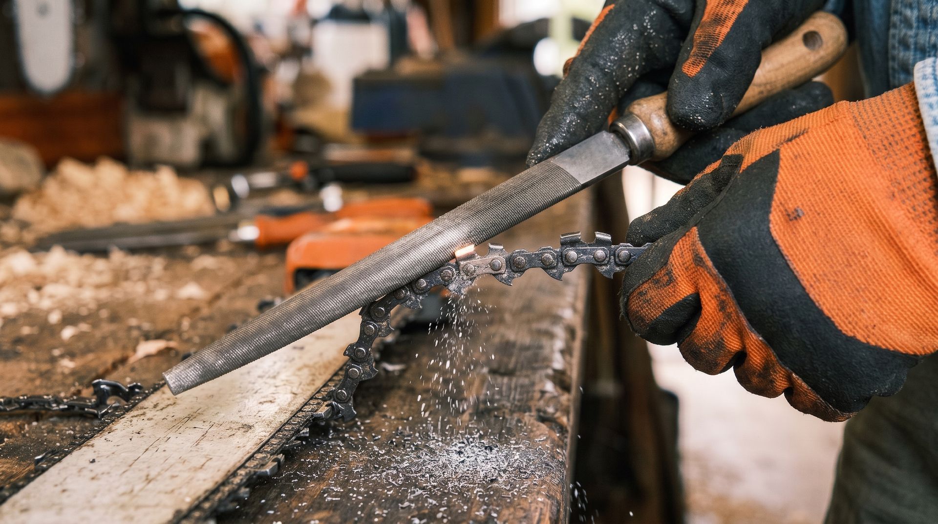 Des mains gantées limant une barre métallique sur un établi, avec des gants de travail orange et noirs visibles.