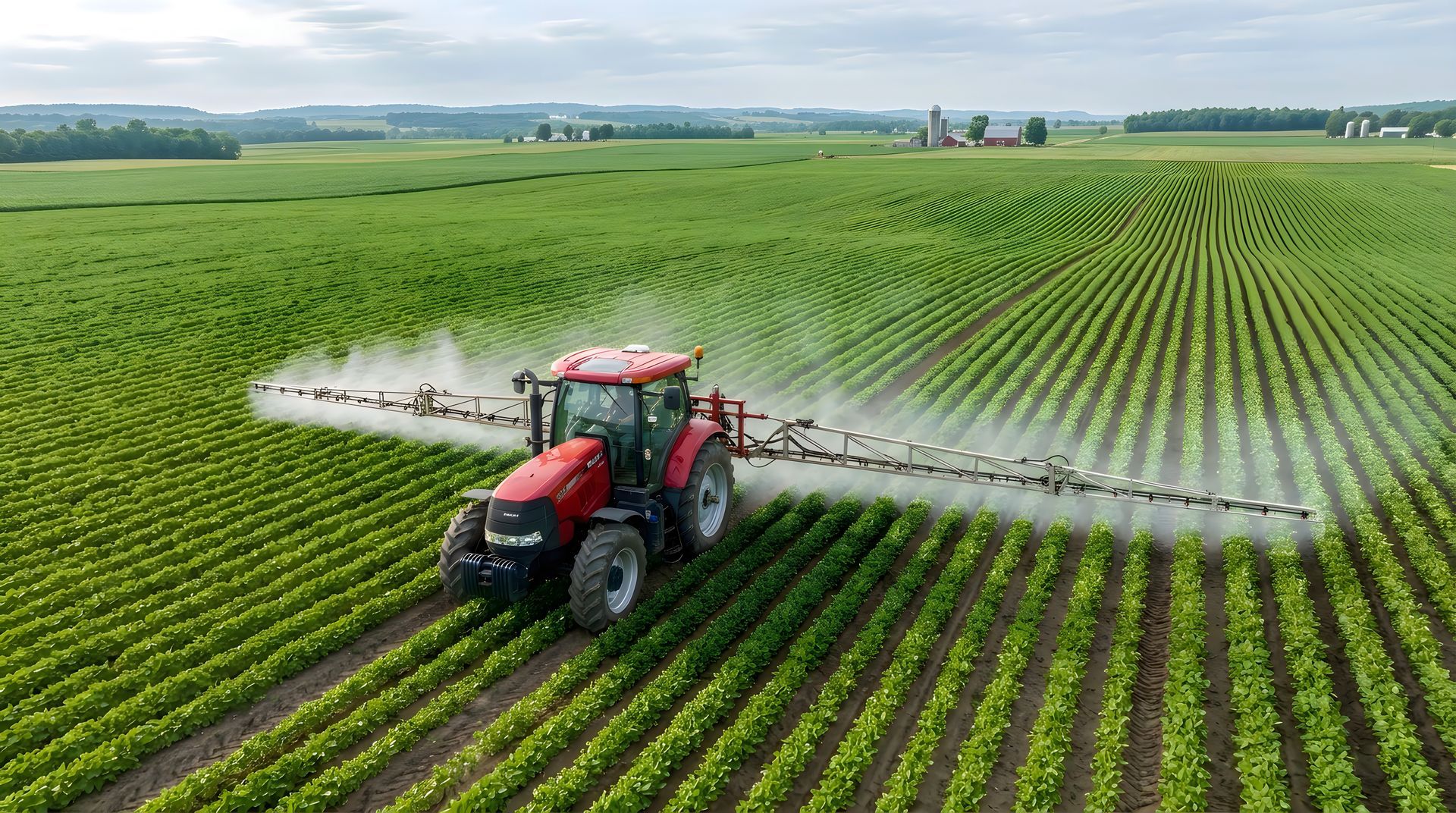 Un tracteur rouge traite des cultures dans un champ verdoyant dont les rangées s’étendent à perte de vue