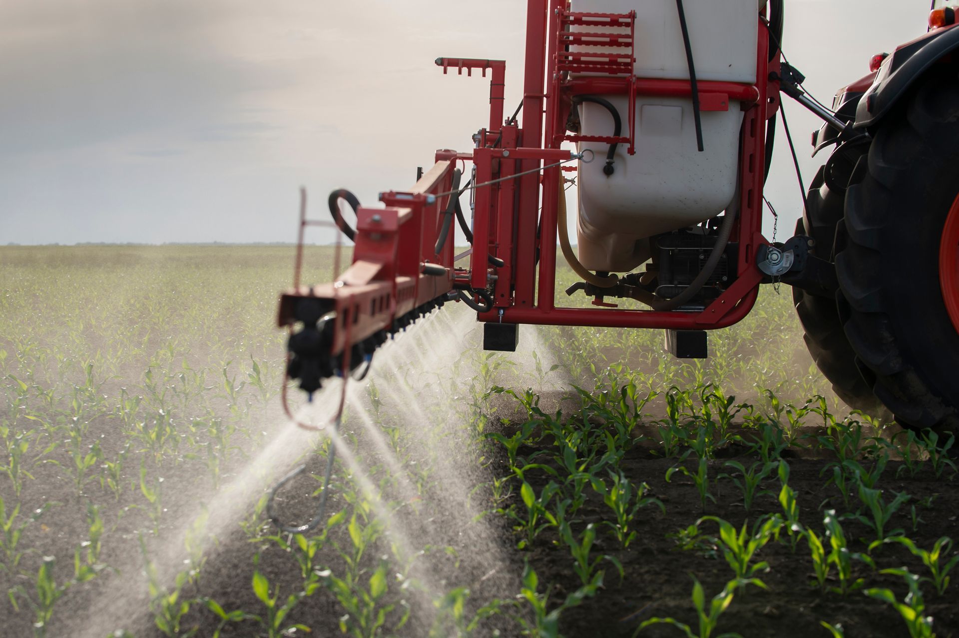 Pulvérisateur agricole rouge en train de traiter des cultures dans un champ
