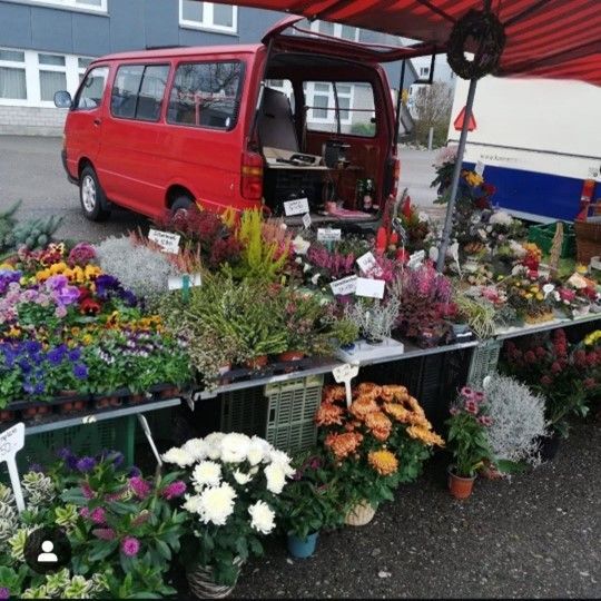 Ein roter Lieferwagen steht neben einem Tisch voller Blumen