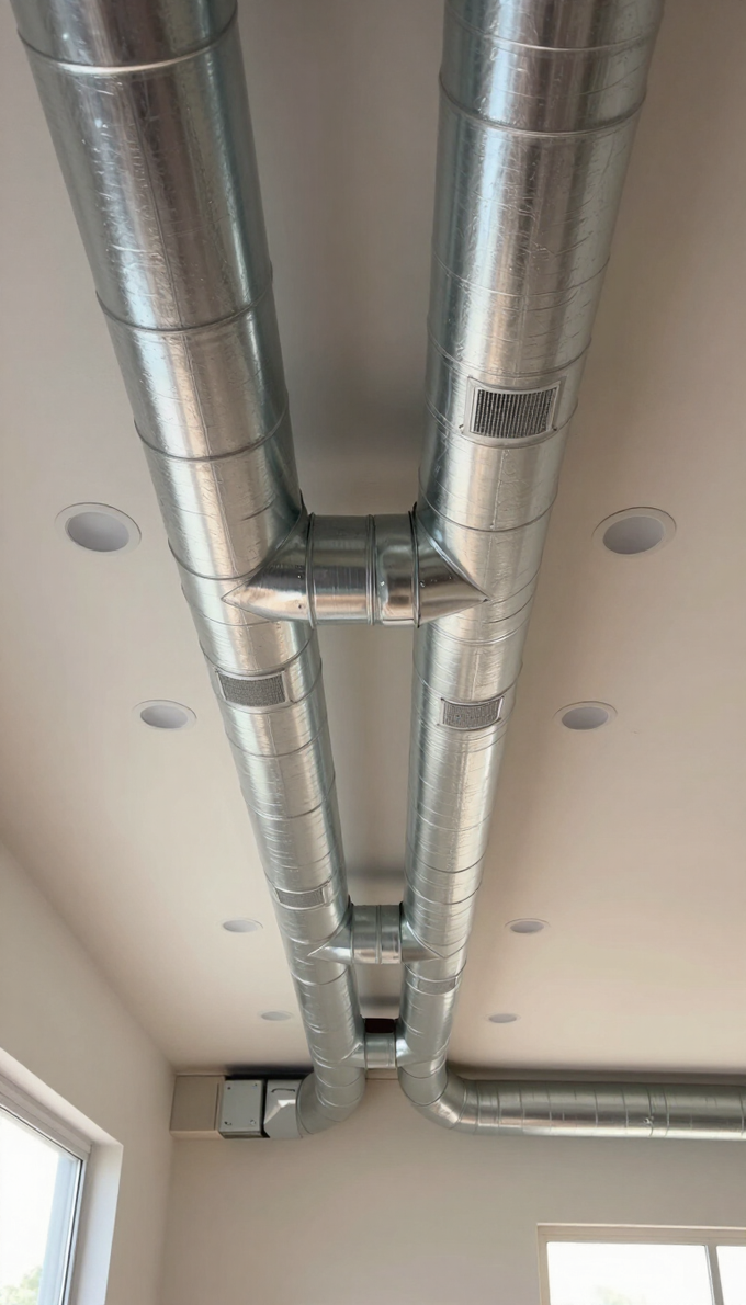 Vista del techo con conductos de climatización plateados expuestos y luces empotradas en una habitación moderna.