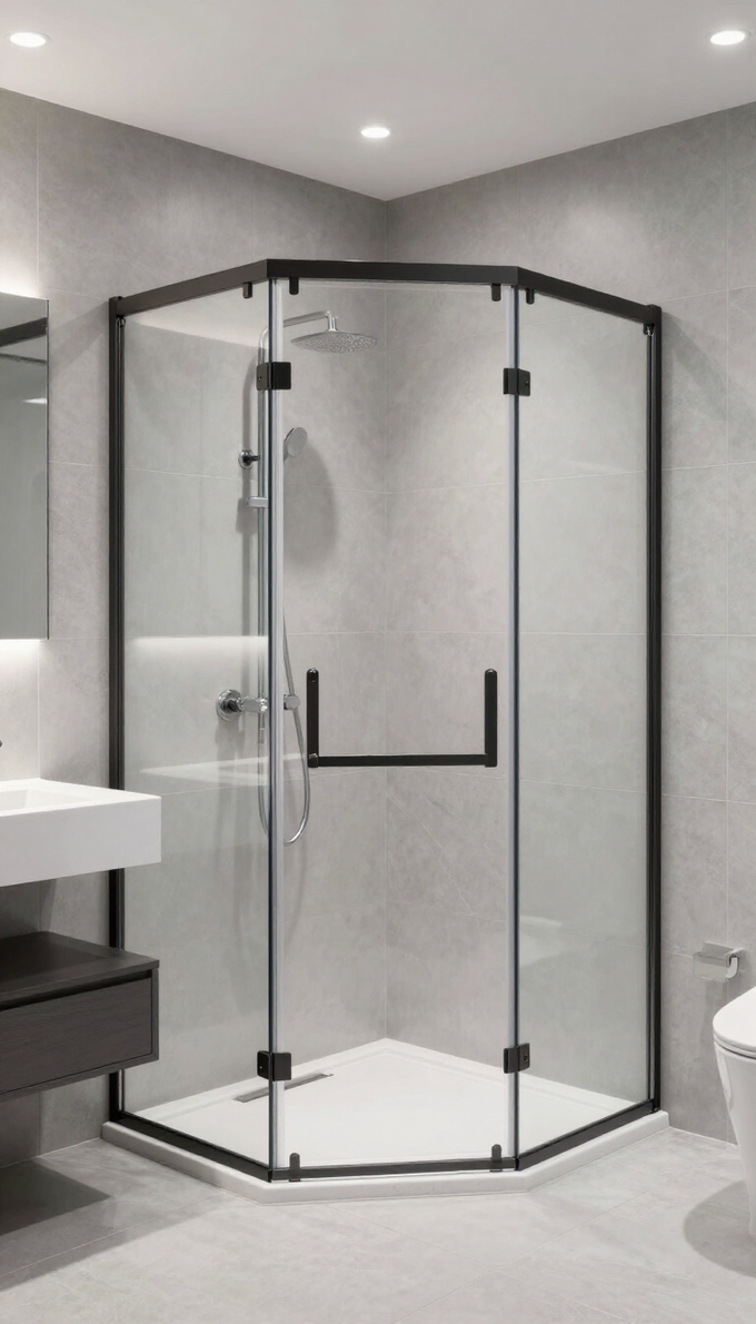 Baño moderno con cabina de ducha de esquina de cristal y paredes grises.
