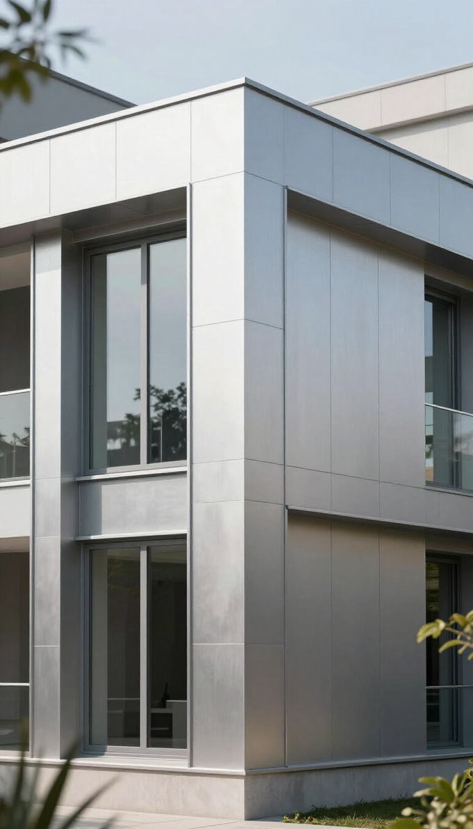 Edificio de oficinas moderno de color blanco en esquina, con grandes ventanales y puertas de cristal.