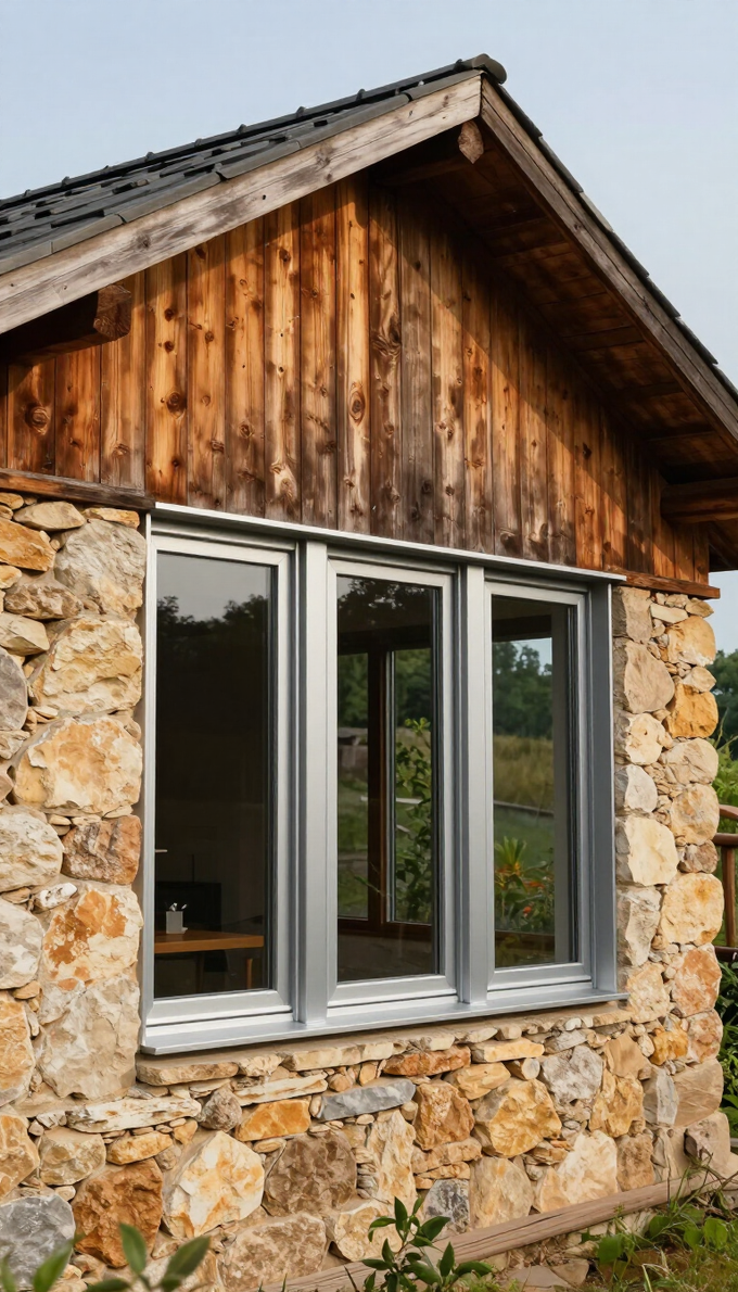 Cabaña rústica de piedra con revestimiento de madera desgastada y una gran ventana con marco plateado.