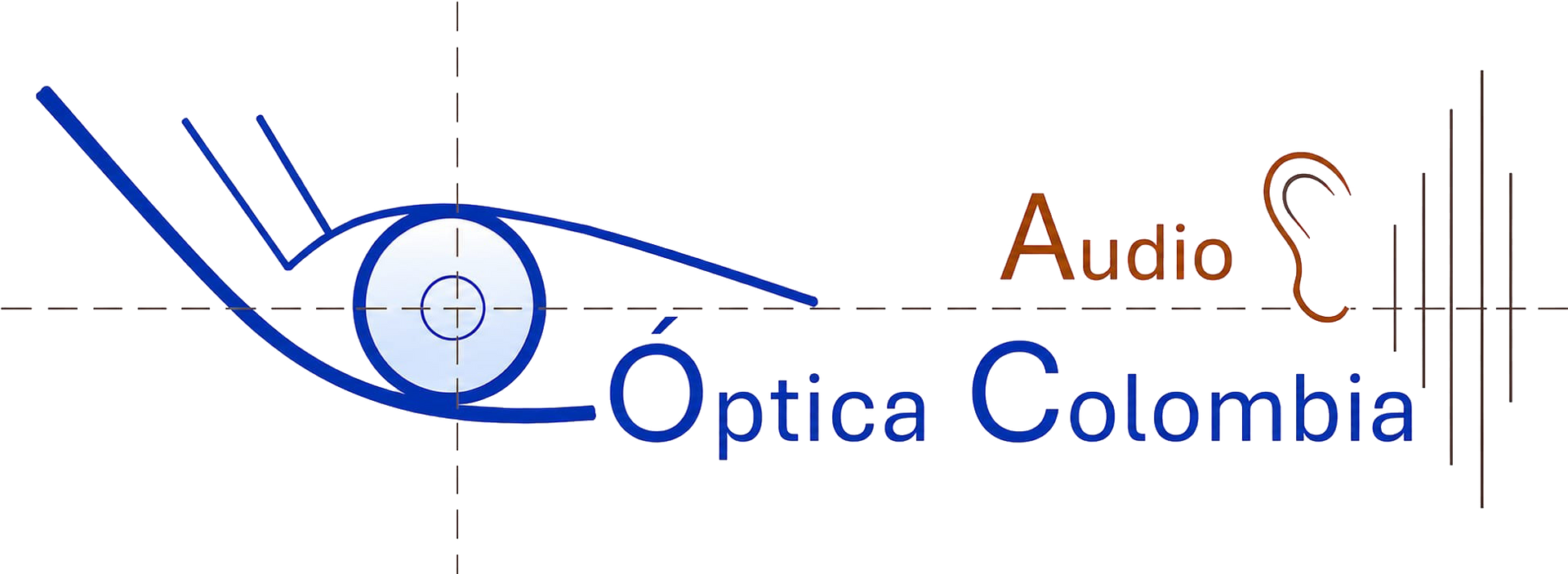 Logotipo de &Oacute;ptica Colombia Audio, con texto azul y naranja y un icono de oreja.